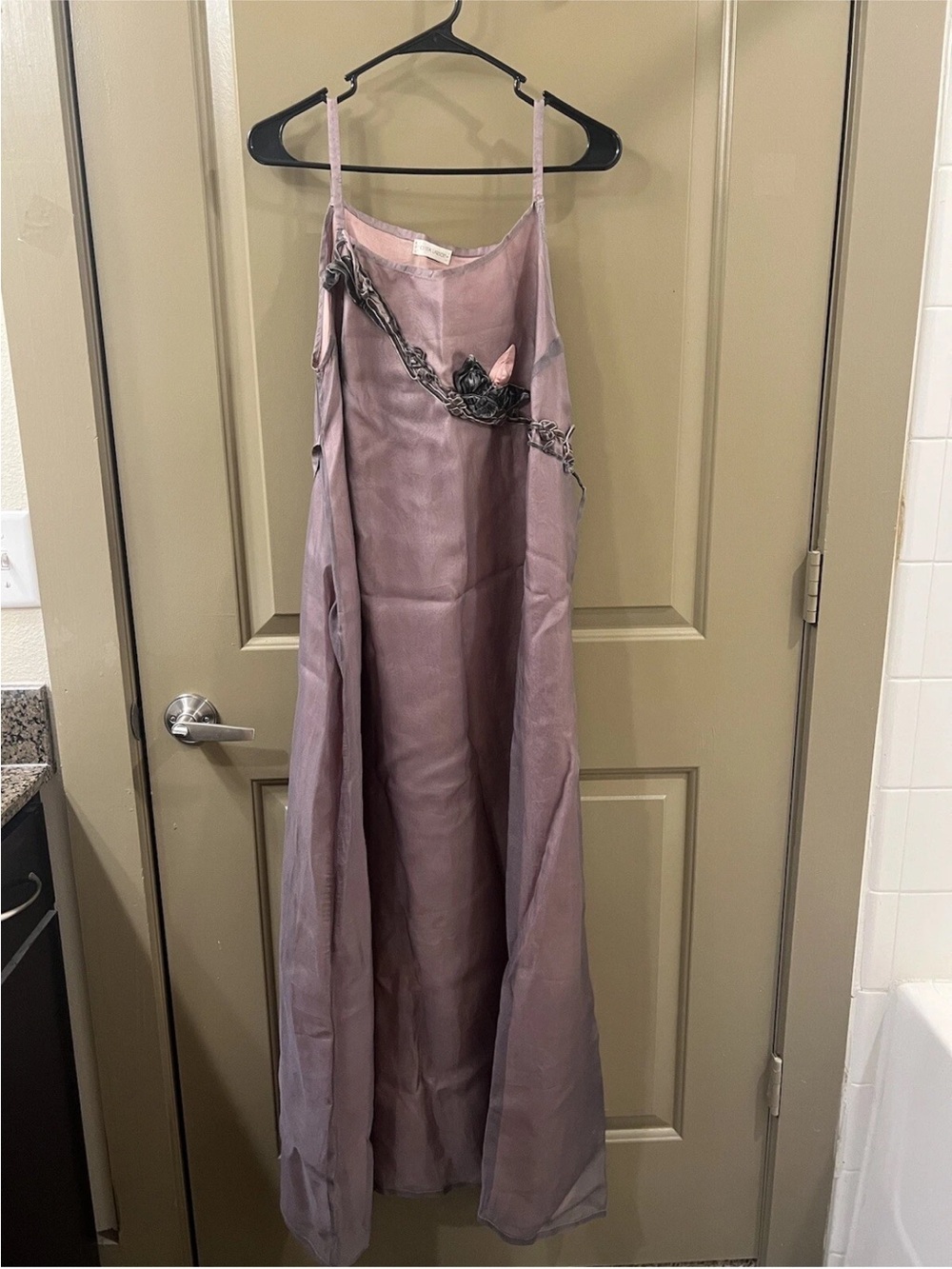 Lilac Satin Slip Prom Dress with Floral Applique